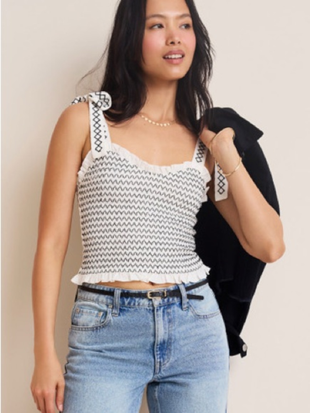 Francesca’s Hannah Ruffled Smocked Tie Shoulder Tank Top
